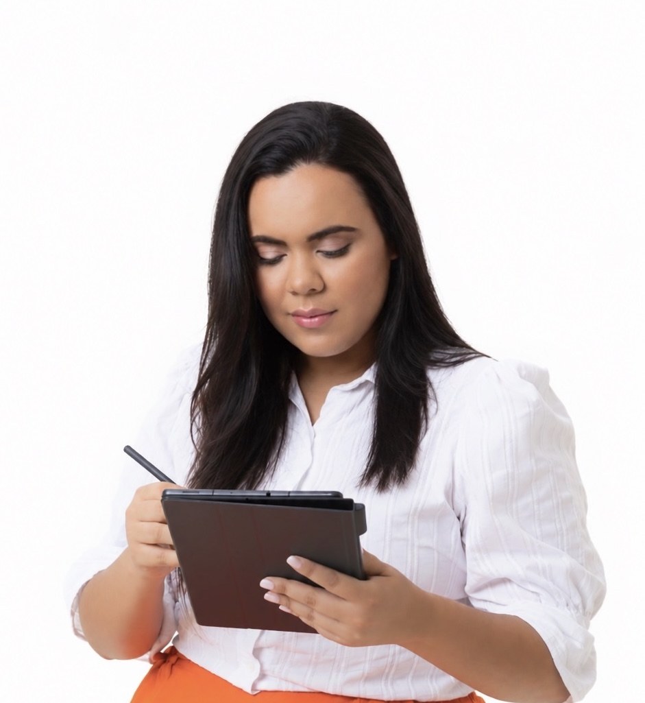 Yasmin Anjos trabalhando com um tablet e uma caneta